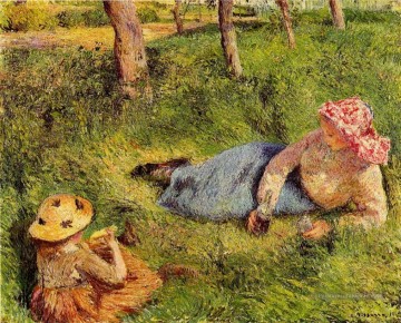  camille - la collation enfant et jeune paysan au repos 1882 Camille Pissarro